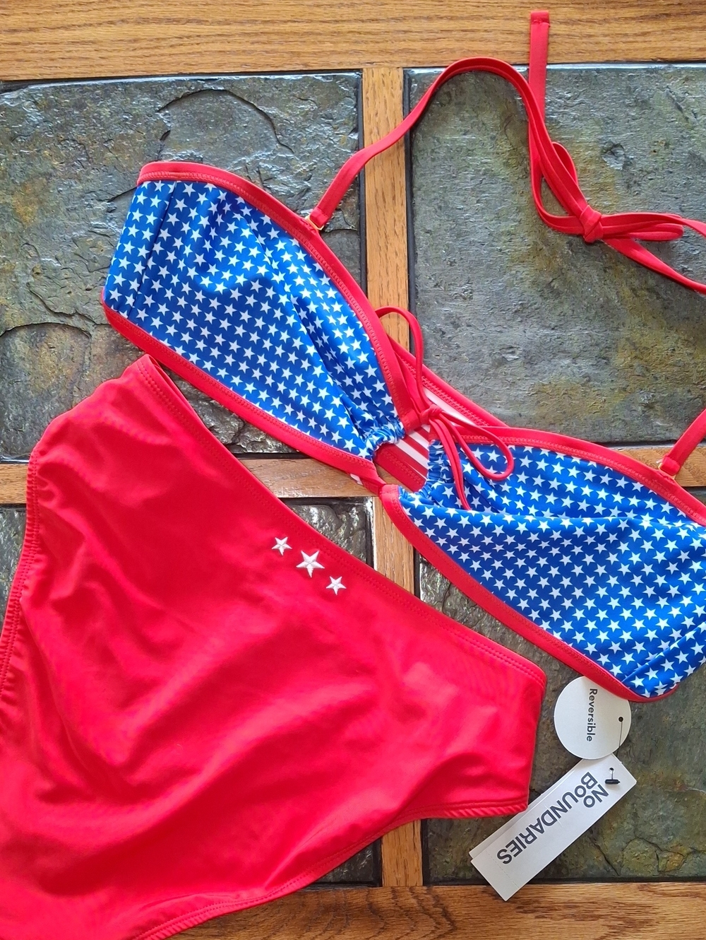 No Boundaries Red & White Stripe Or Blue Star-Print Reversable Bikini